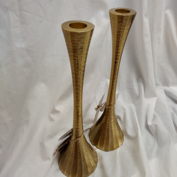 * MID CENTURY MODERN MATCHING CANDLE STICKS DESIGNED & CRAFTED IN INDIA GOLD new - Picture 4 of 5